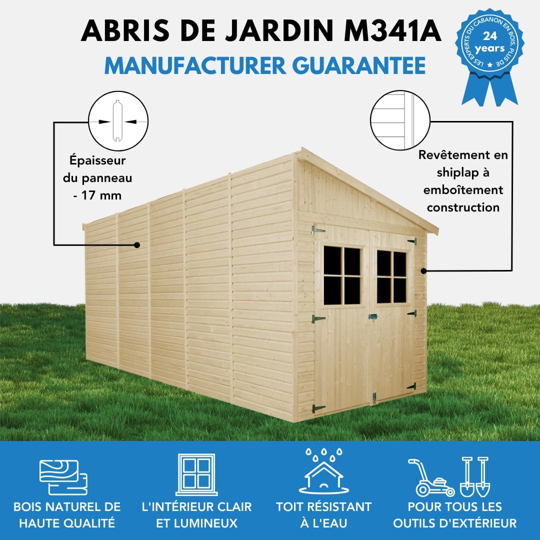 Abri de Jardin en Bois Naturel (avec paroi latérale) Plus Les PLANCHERS IMPRÉGNÉ- Stockage extérieur avec fenêtres- H244x218x514 cm/10 m2- Atelier Rangement Outils et vélos- bleujardin M341A+M341G
