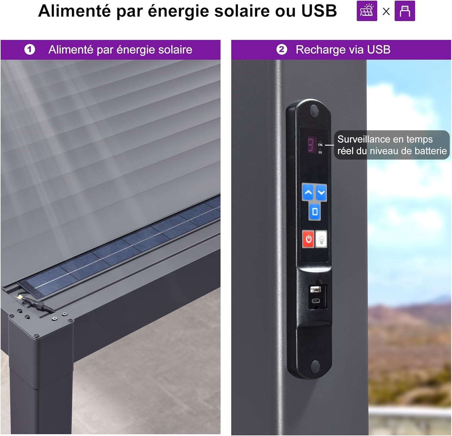 bleujardin - Pergola bioclimatique - 3,5x8,5m - aluminium, lames LED, étanche