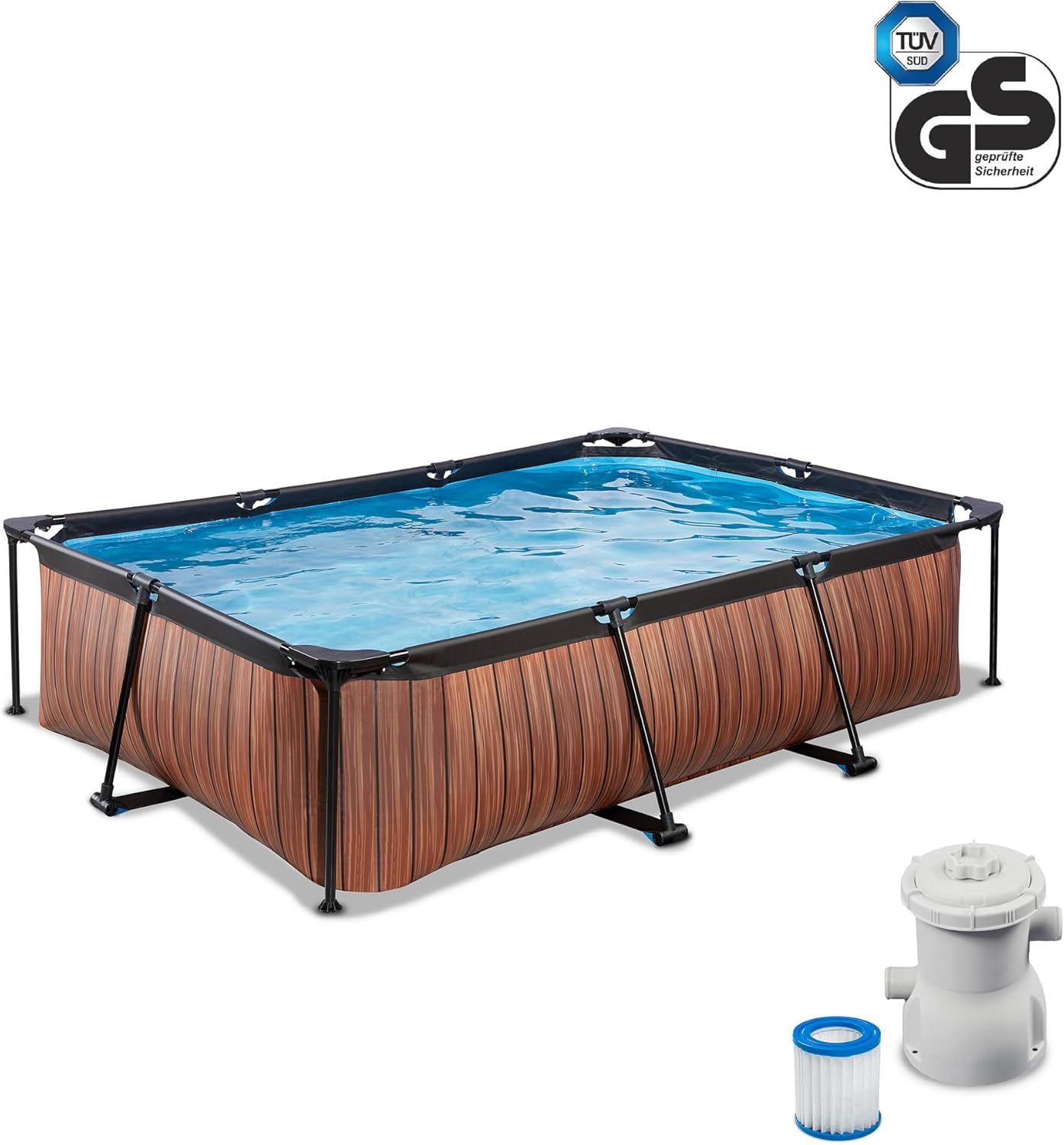 bleujardin Piscine en Bois - 300 x 200 x 65 cm - Rectangulaire et compacte - avec Pompe à Filtre à Cartouche - Facile d'accès - Convient pour Les Tout-Petits - Cadre Solide - Design Unique - Marron