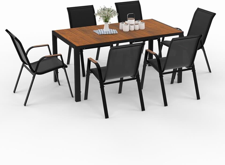 bleujardin - Salon de jardin NOUMEA - 150 cm - plateau verre/bois, 6 chaises