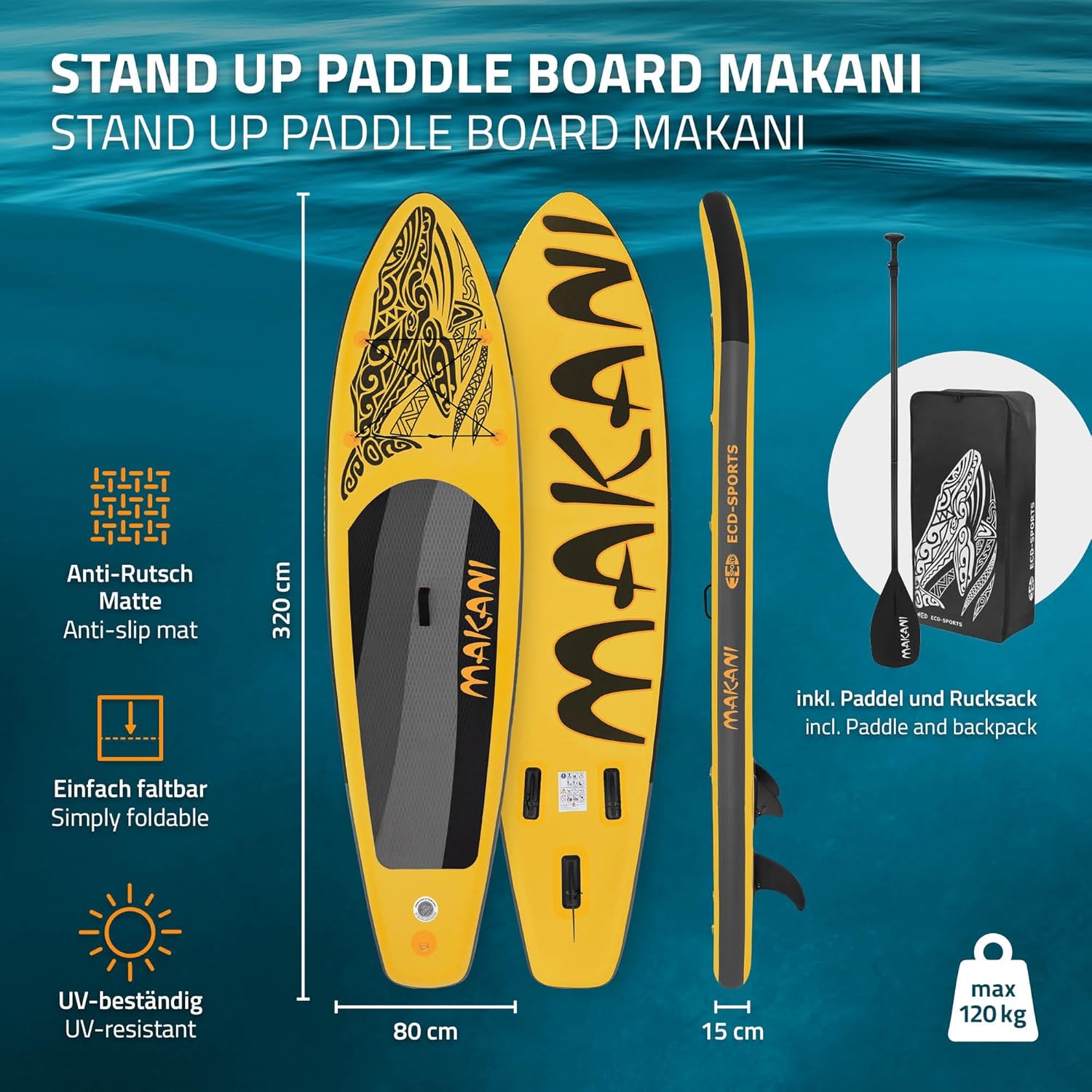 bleujardin - stand up paddle série gonflable - 305/308/320/380 cm - PVC, 120/150 kg, 10/15 cm épaisseur