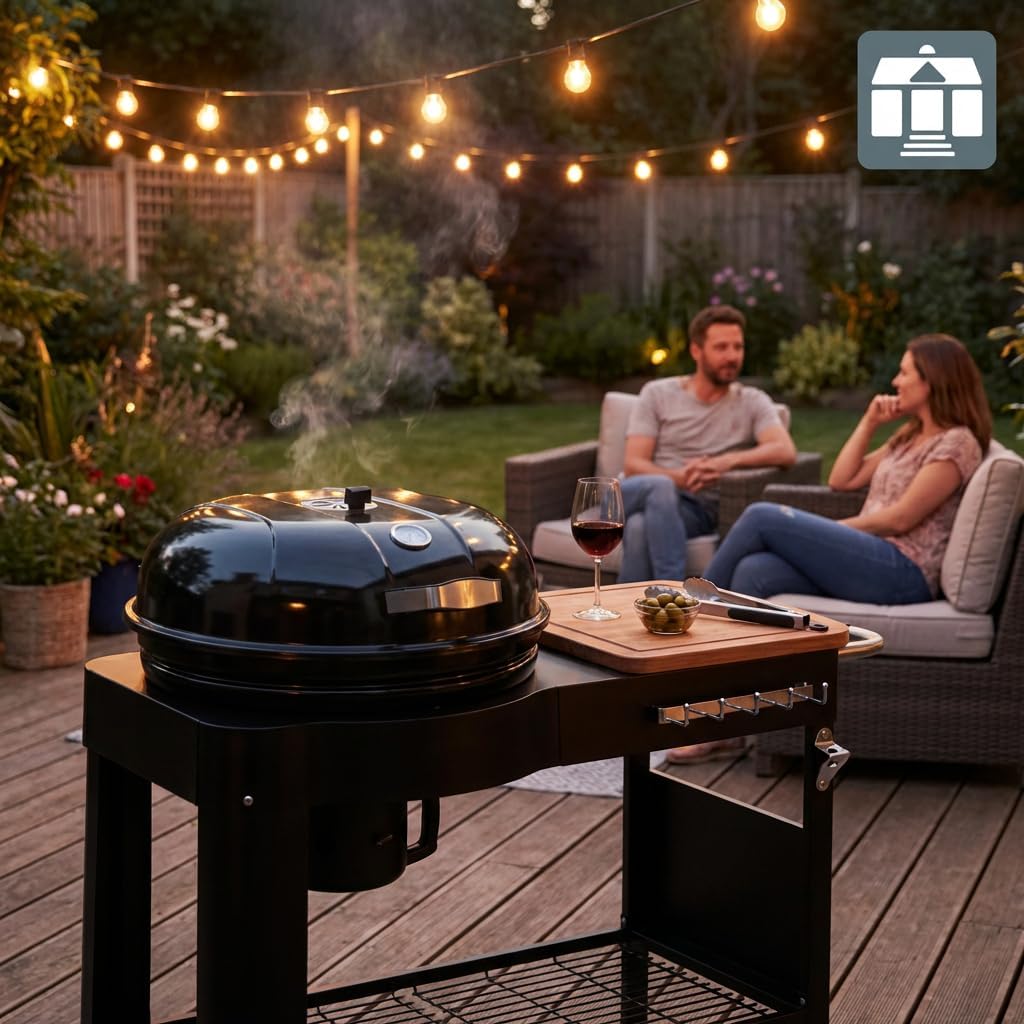 bleujardin - Barbecue Calgary - acier/bois - couvercle thermomètre, tablettes, 2 roues, noir