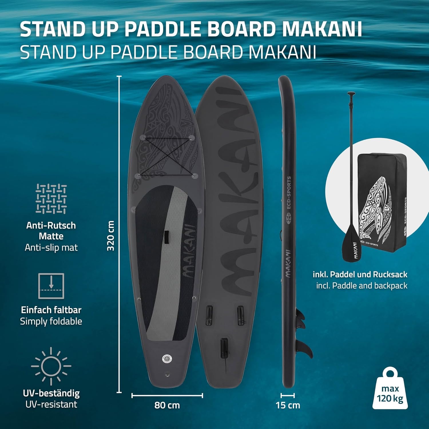 bleujardin - Stand Up Paddle Gonflable - 305/308/320/380 cm - PVC, 120/150 kg, épaisseur 10/15 cm