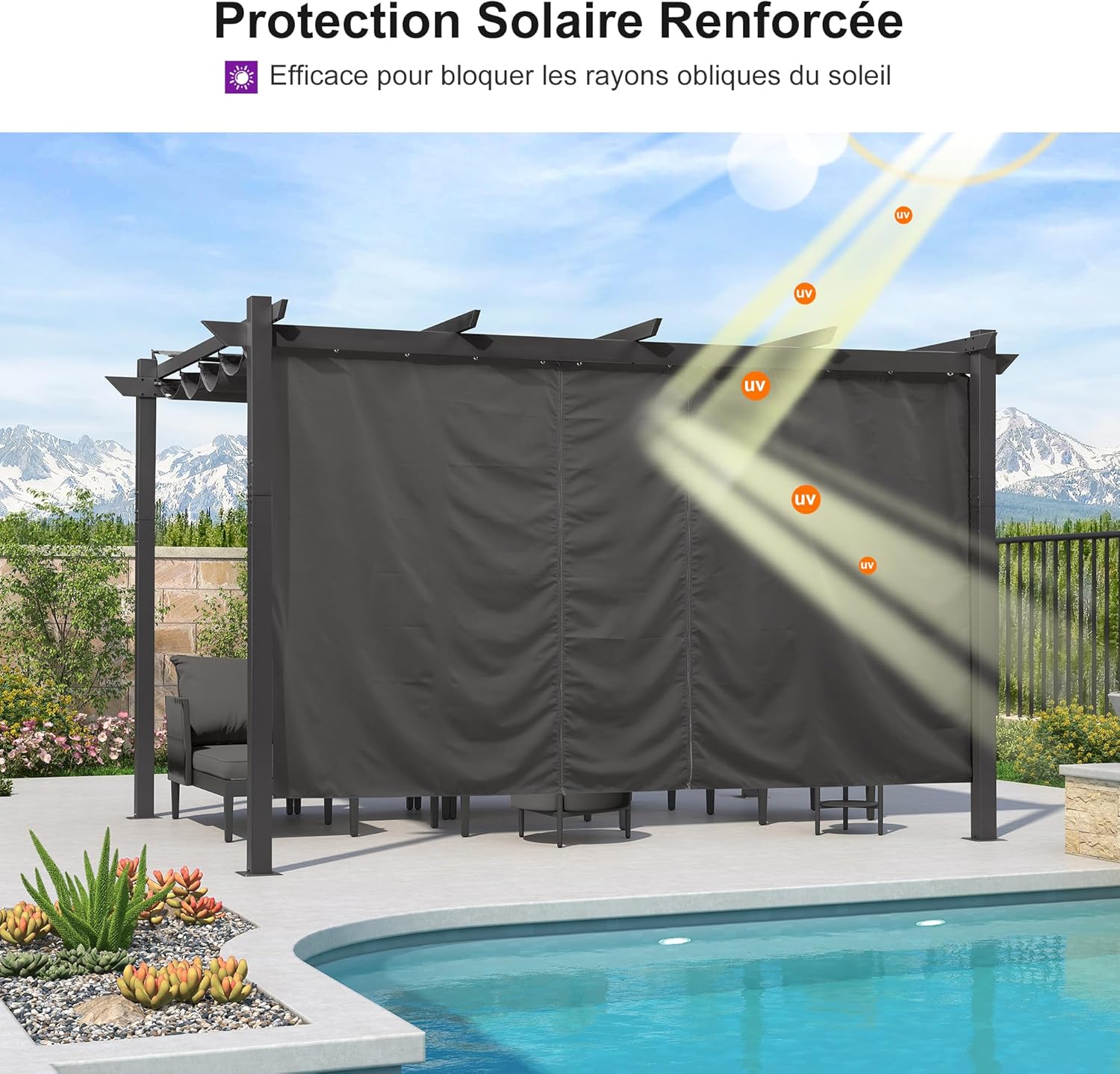 bleujardin - Pergola Aluminium - 4x3m - Rideau, toit rétractable, imperméable