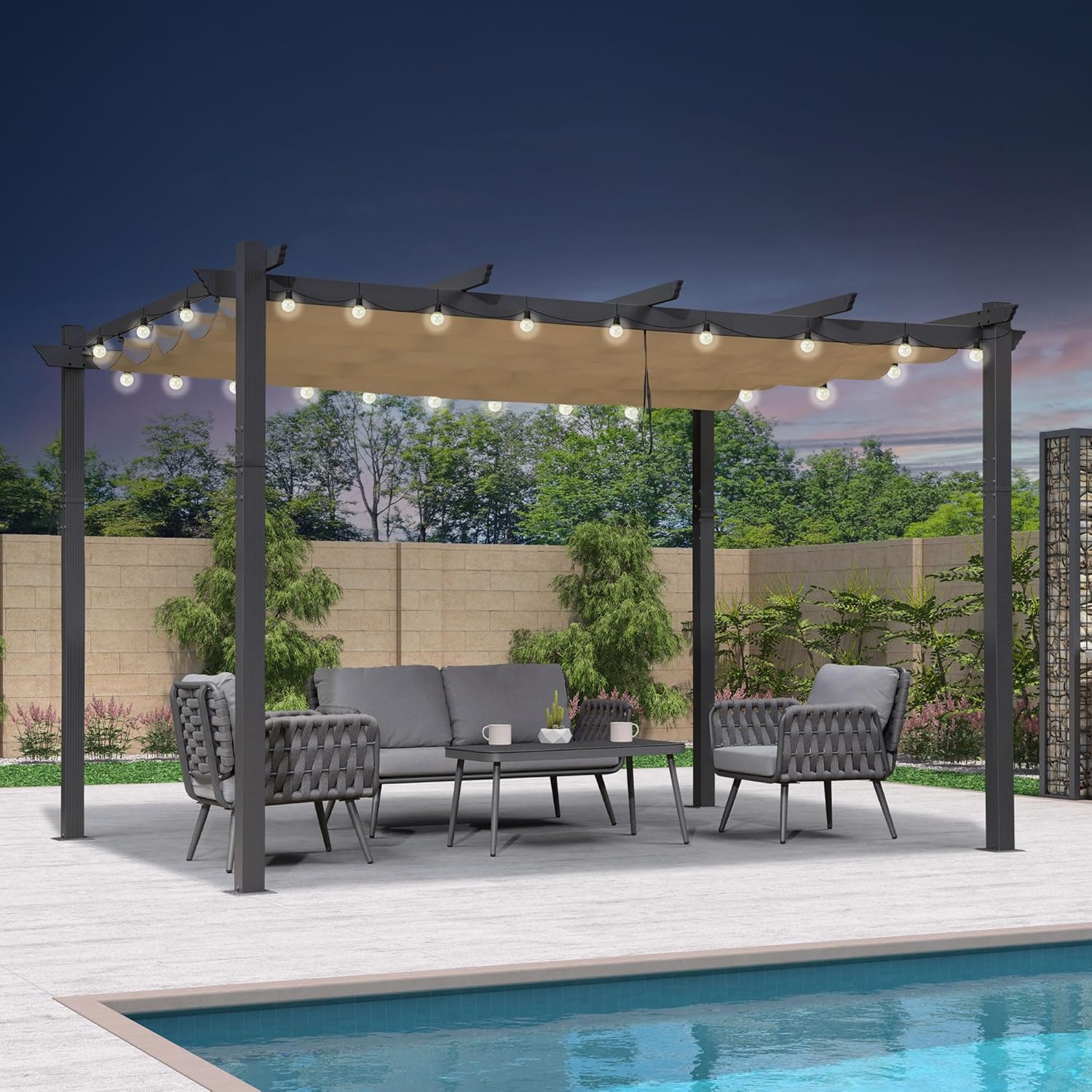 bleujardin - Pergola Aluminium - 4x3,2m - LED intégrée, toit rétractable, kaki