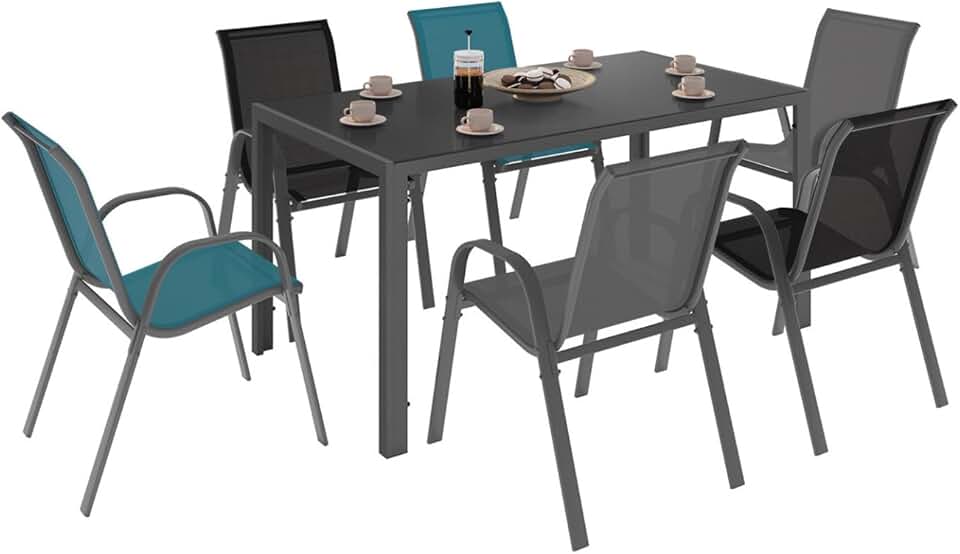 bleujardin - Salon Madrid - Table 150 cm, 6 chaises mix gris/noir/bleu