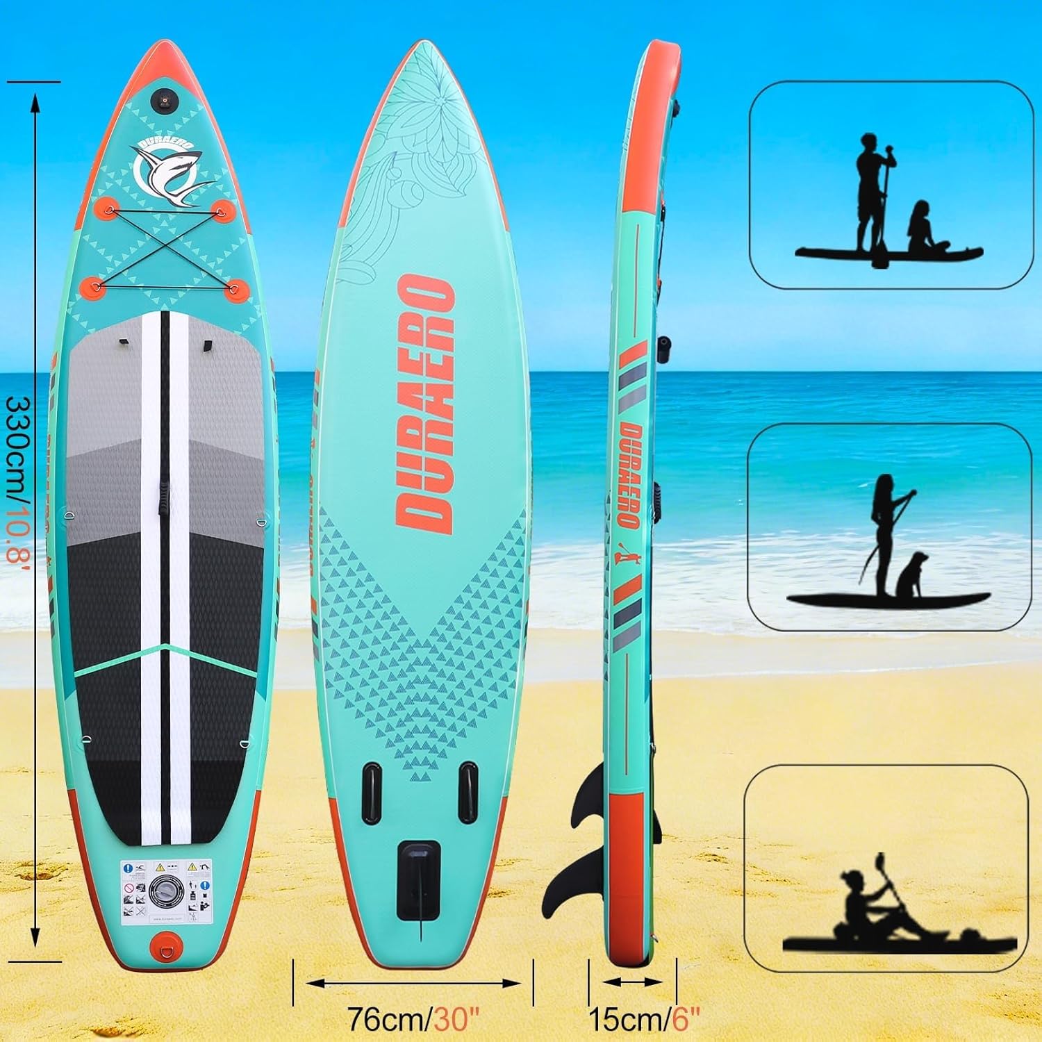 Stand up Paddle gonflable - 330x76x15cm - siège kayak, support GoPro, 150kg, double pagaie, vert menthe