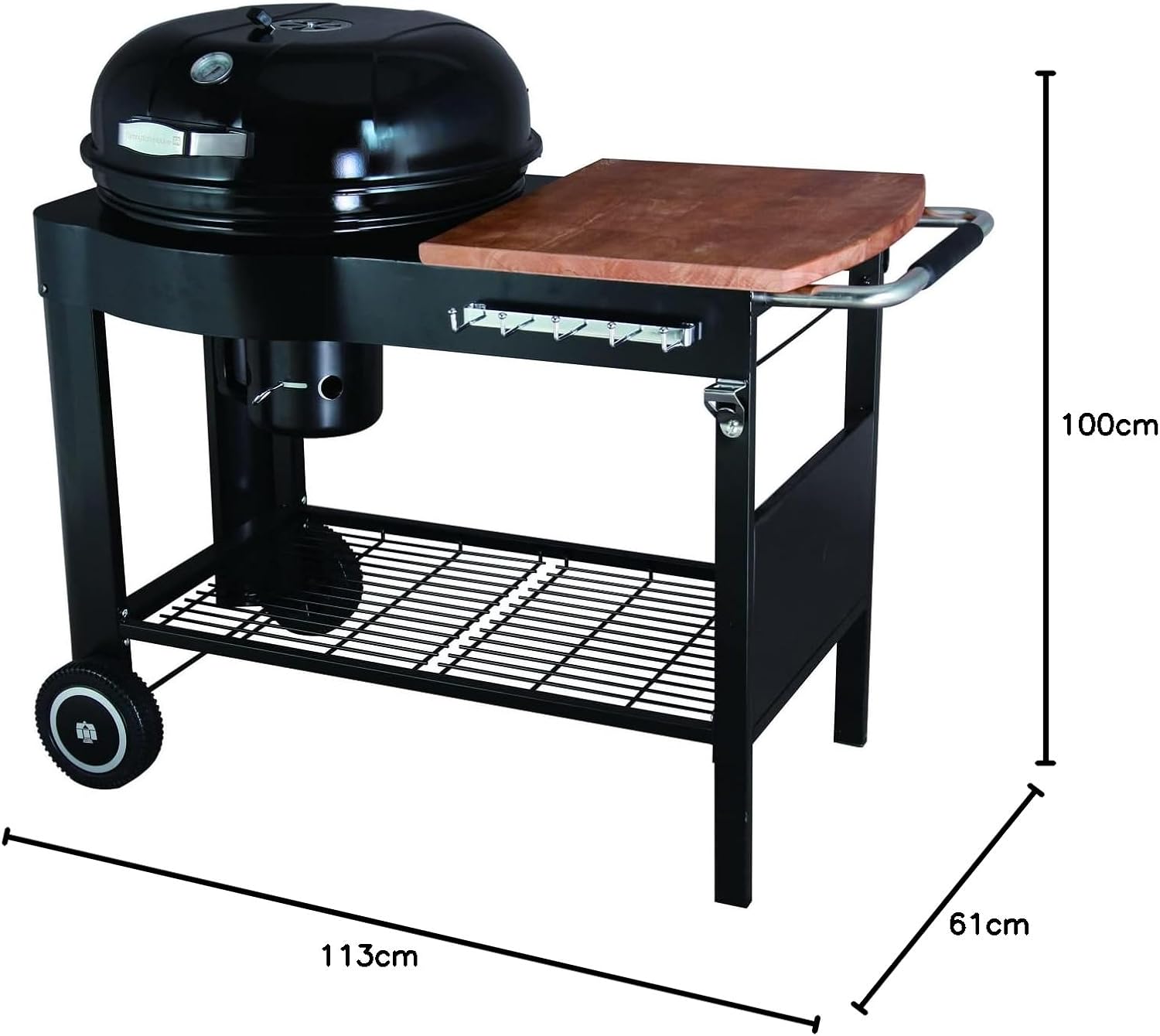 bleujardin - Barbecue Calgary - acier/bois - couvercle thermomètre, tablettes, 2 roues, noir