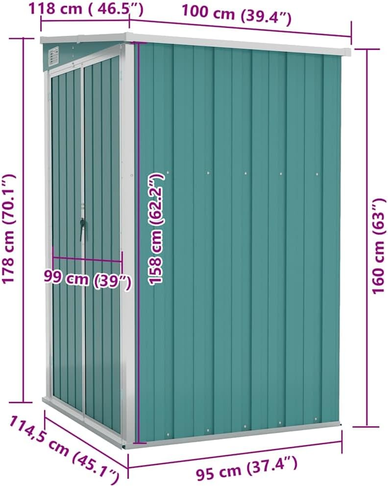 Abri de jardin - mural vert 118x100x178cm - acier galvanisé, 22.7kg