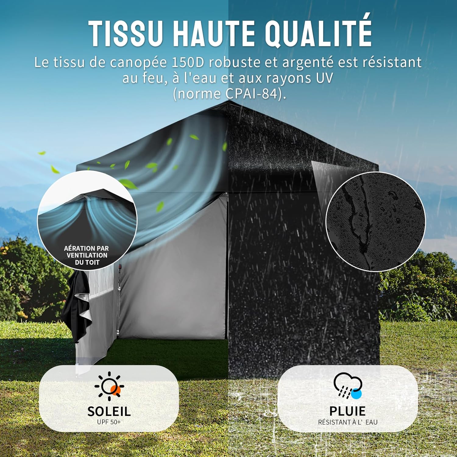 bleujardin - Tonnelle pliante 3x3m imperméable, P/Pop-Up, 4 parois amovibles, Sac, UPF 50+ - CN0032
