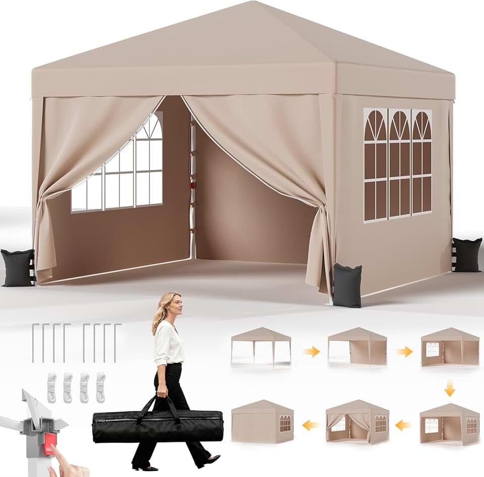 bleujardin Tonnelle Pliante 3x3 imperméable, Hauteur Réglable, Toile Épaisse avec Fermeture Velcro, Structure Robuste, Protection Anti-UV, Idéale pour Camping, Jardin et Plus Encore, Beige