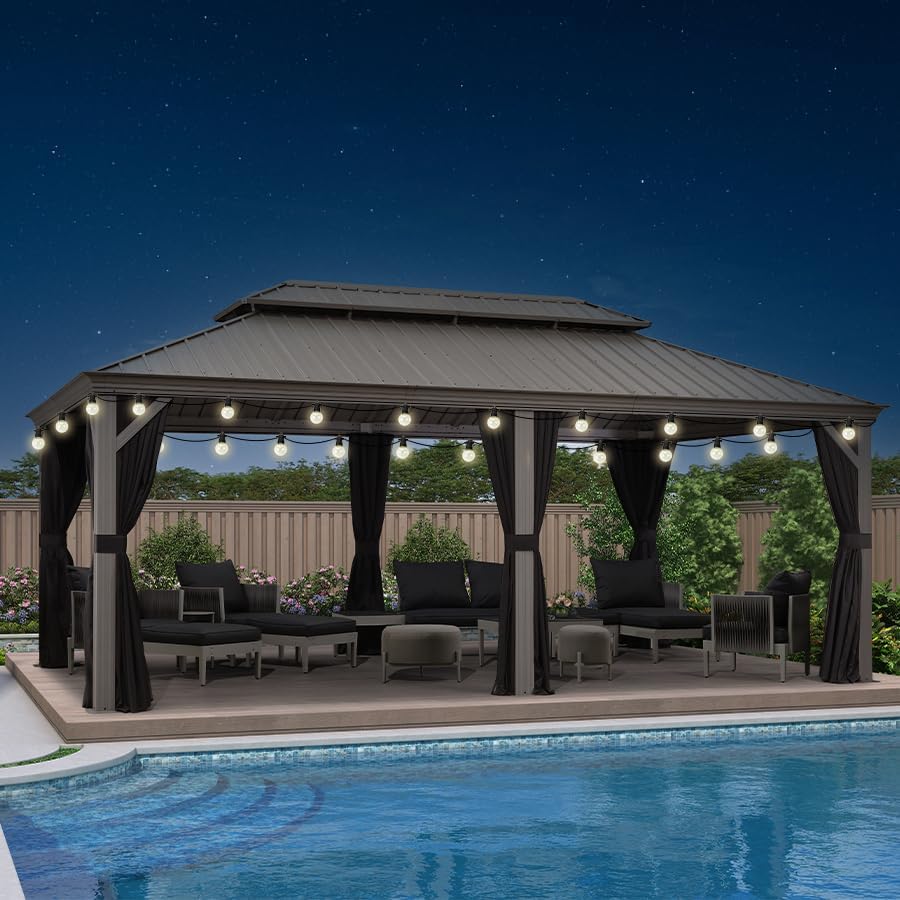 bleujardin - Pergola double toit aluminium 3,65x6m rideaux LED, Gris -