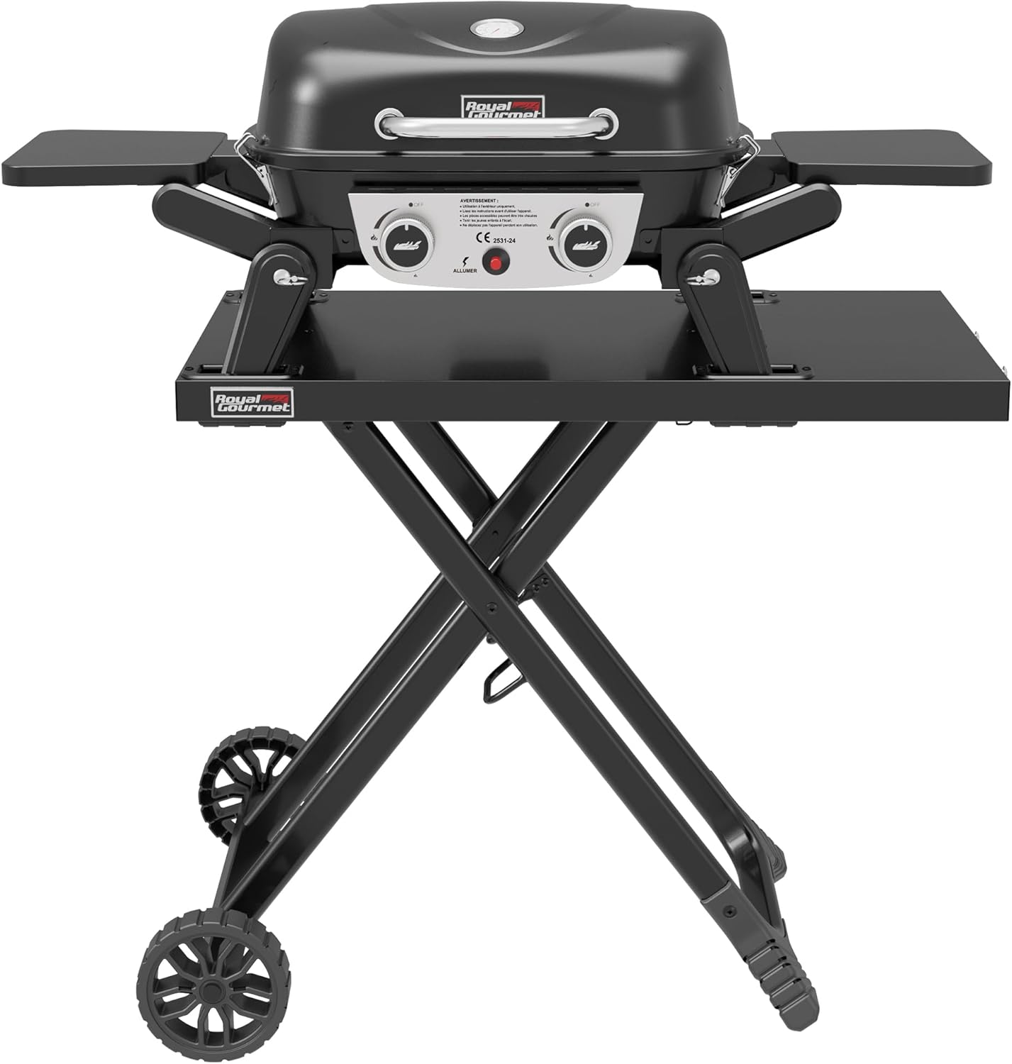 bleujardin - barbecue gaz portable - 48x37 cm - 2 brûleurs, tables pliantes, chariot détachable, 5kW