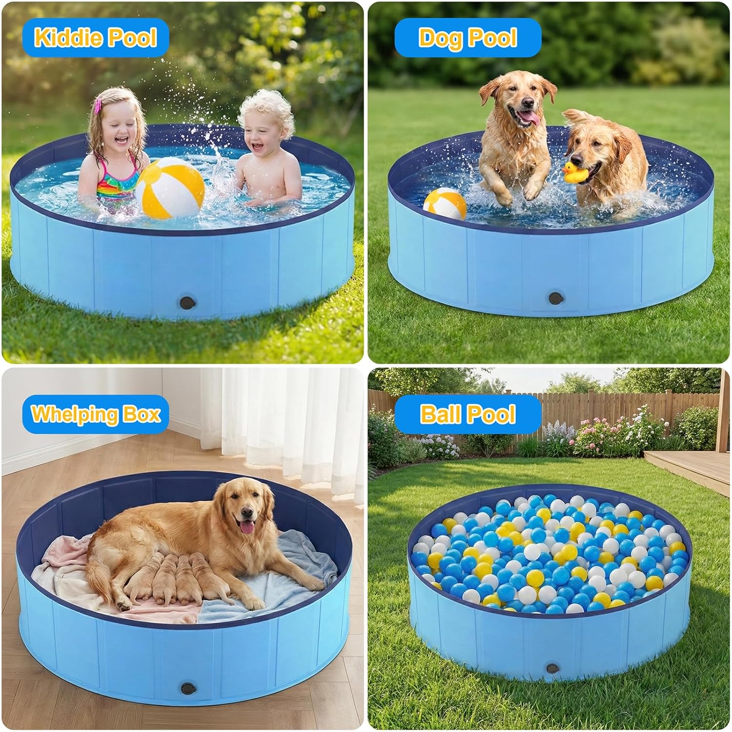 Piscine Chien Pliable 160x30cm en PVC, Piscine Enfant Stable et Antidérapant, Piscine Portable pour Grand Chien et Animaux de Compagnie Bleu