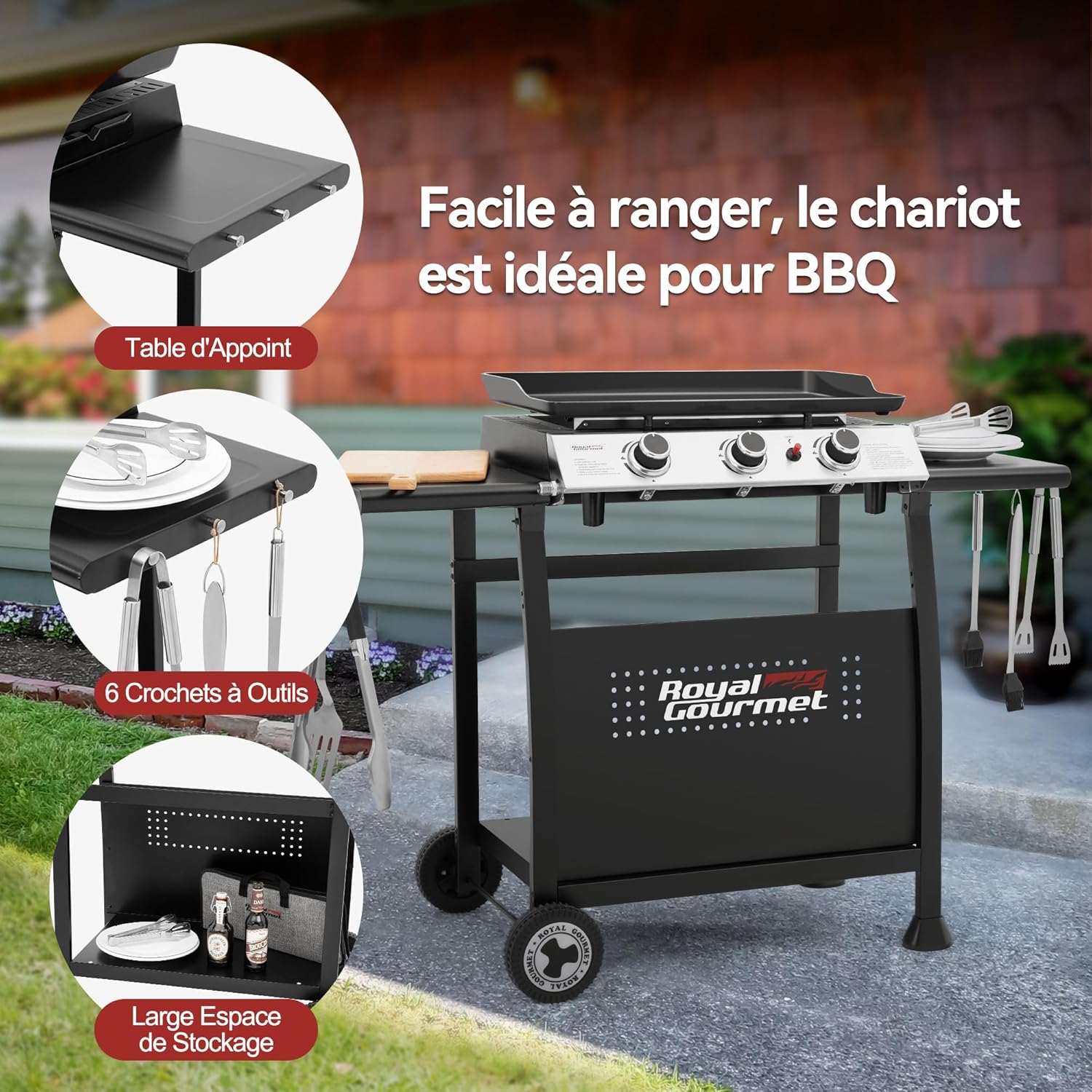 bleujardin - Plancha sur chariot 62x35,5cm - 3 brûleurs puissants 7,5kW