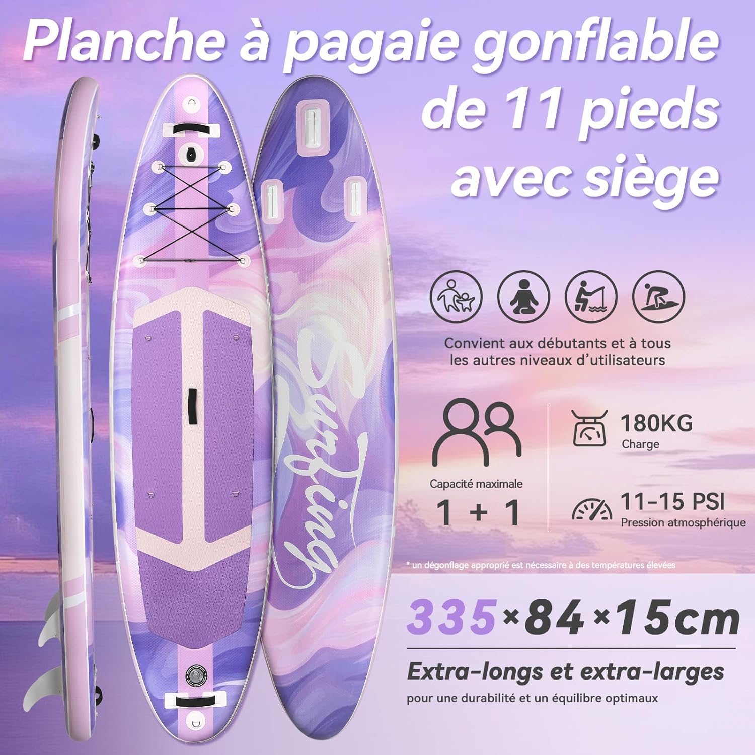 bleujardin - Paddle Gonflable Série Adulte - 320/335cm - 2 personnes, siège kayak, pagaie alu, support caméra, jusqu'à 15