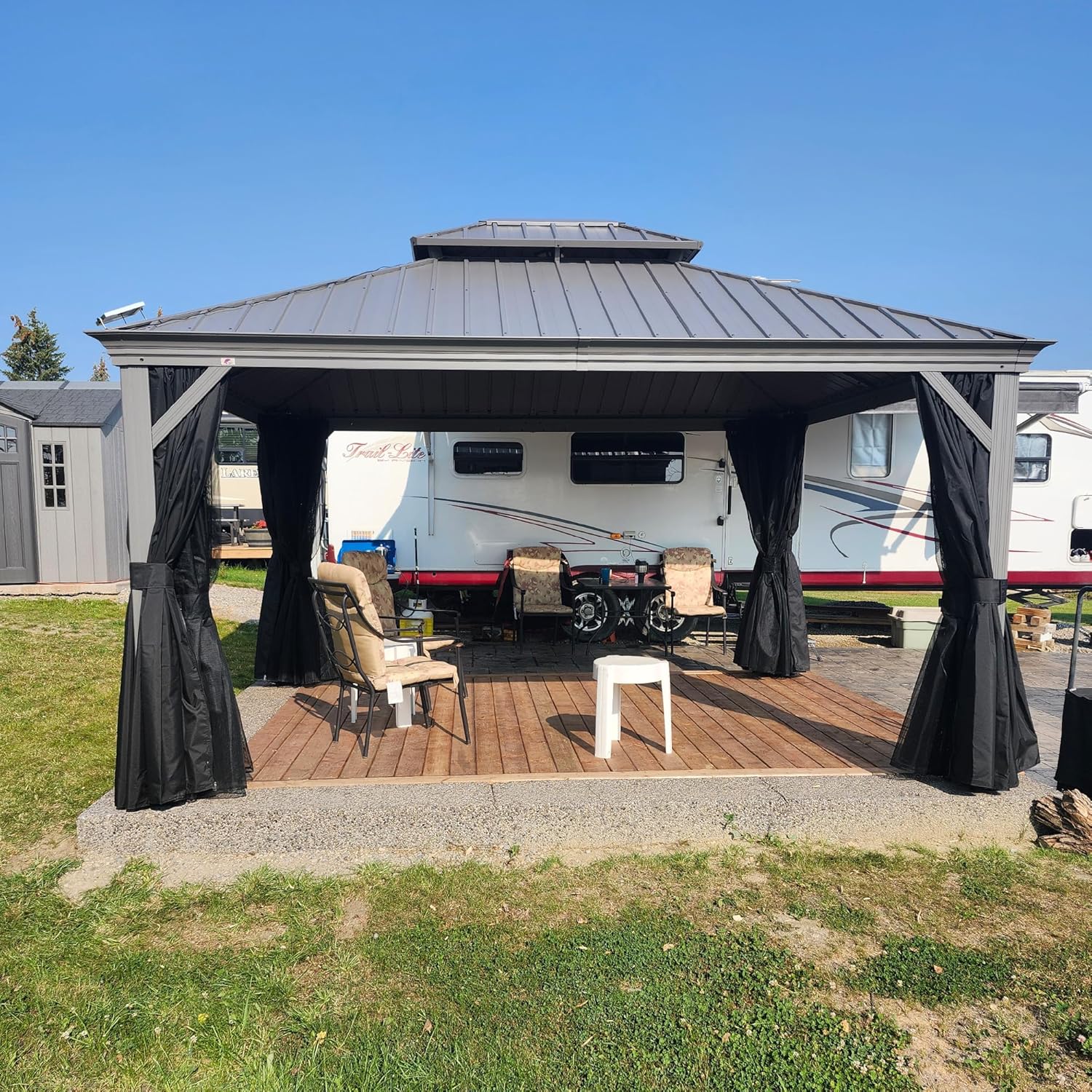 bleujardin - tonnelle jardin double toit - 3,65x4,25m - aluminium, moustiquaire, rideaux