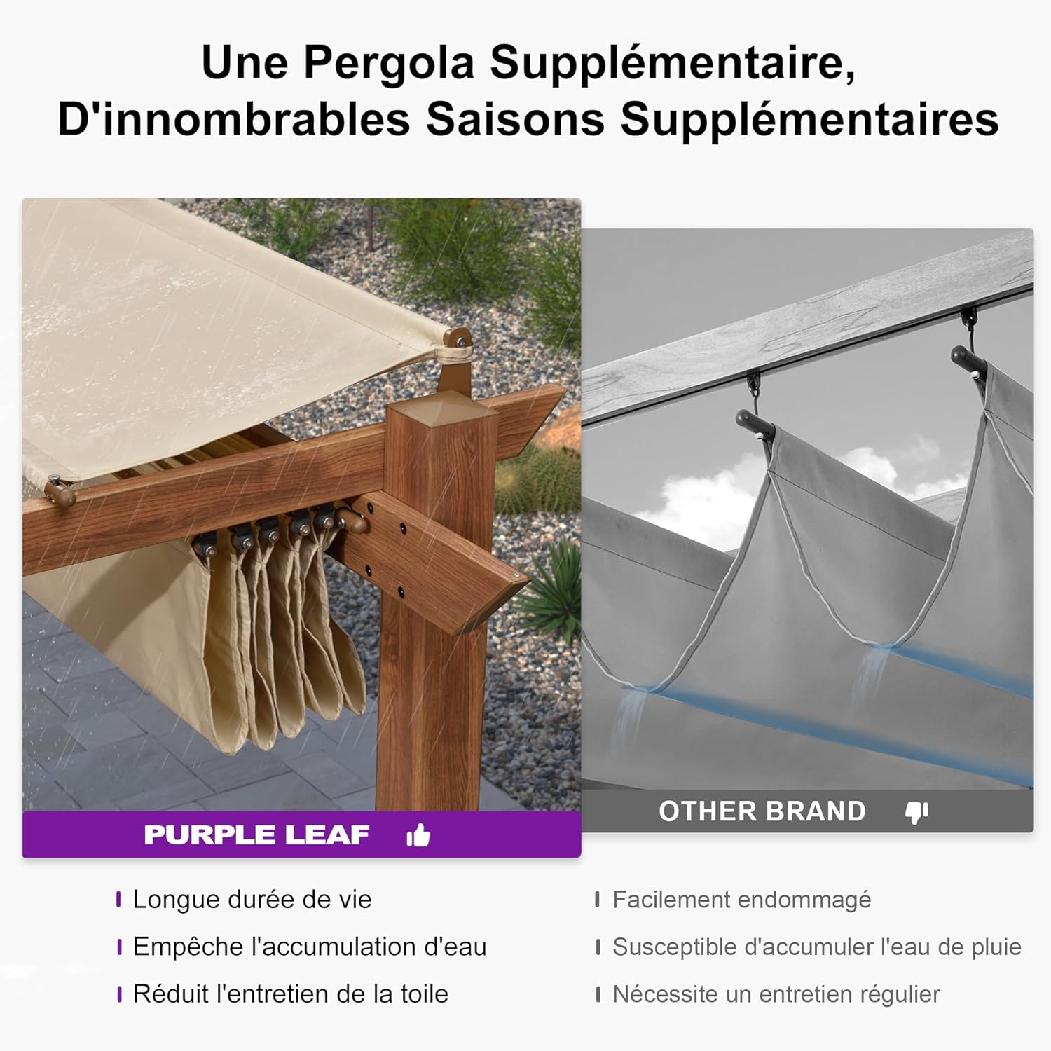 bleujardin - Pergola alu finition teck 4x3m - toile rétractable, rideau, kaki
