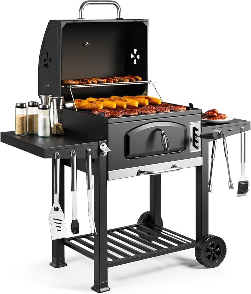 bleujardin - Barbecue XL - grande capacité, tablettes, fumoir, roues