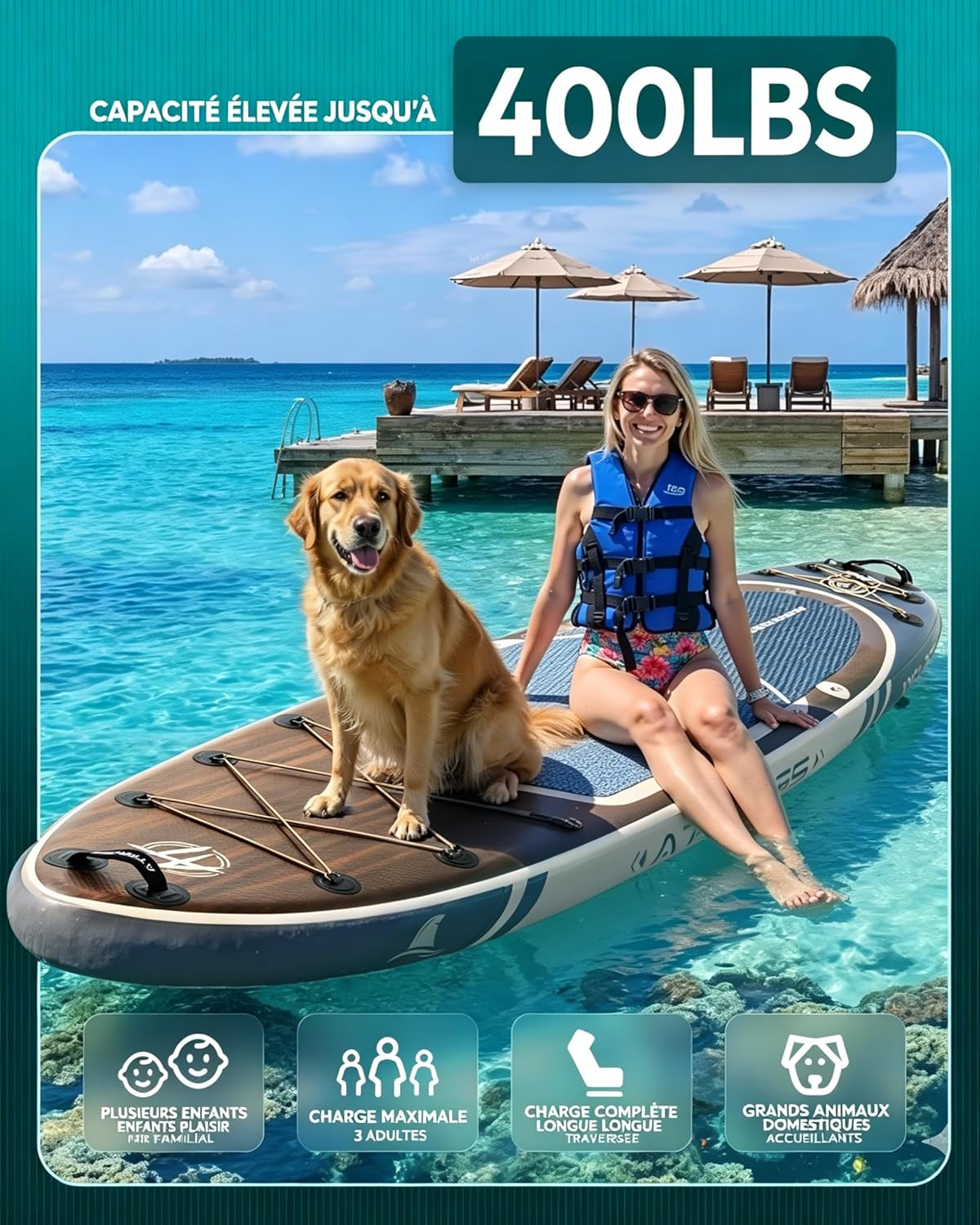 Stand Up Paddle Gonflable Adulte avec Siège Kayak & Accessoires, 320x84cm Planche de Sup Extra Large pour 2 Personnes, Charge 200kg, Kayak Gonflable 2 Places Stable et Antidérapant pour Surf