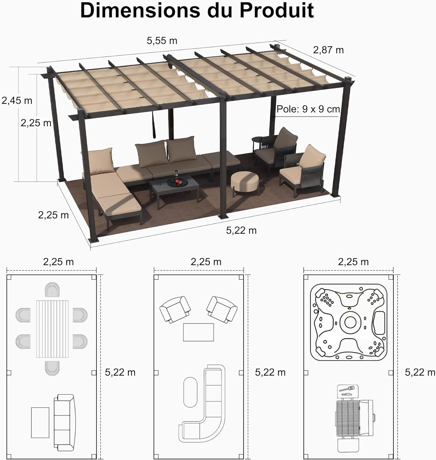 bleujardin - Pergola aluminium 5,5x3m toit coulissant extérieur