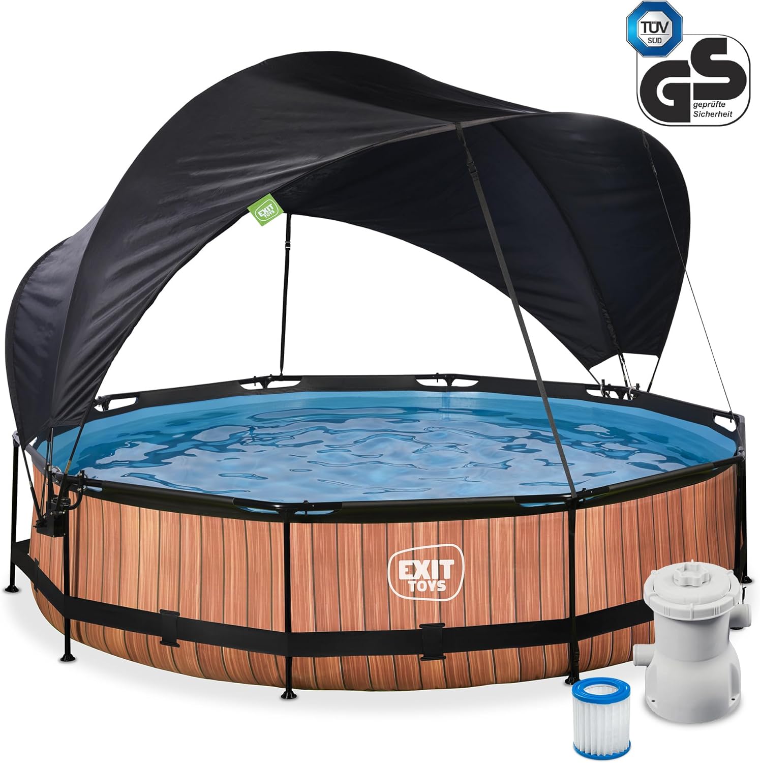 bleujardin Piscine Wood avec Voile d'Ombrage - ø360x76cm - Piscine Hors Sol Ronde avec Pompe Filtrante à Cartouche - Protection Optimale Contre Les Rayons UV - Entrée Basse - Design Unique - Marron