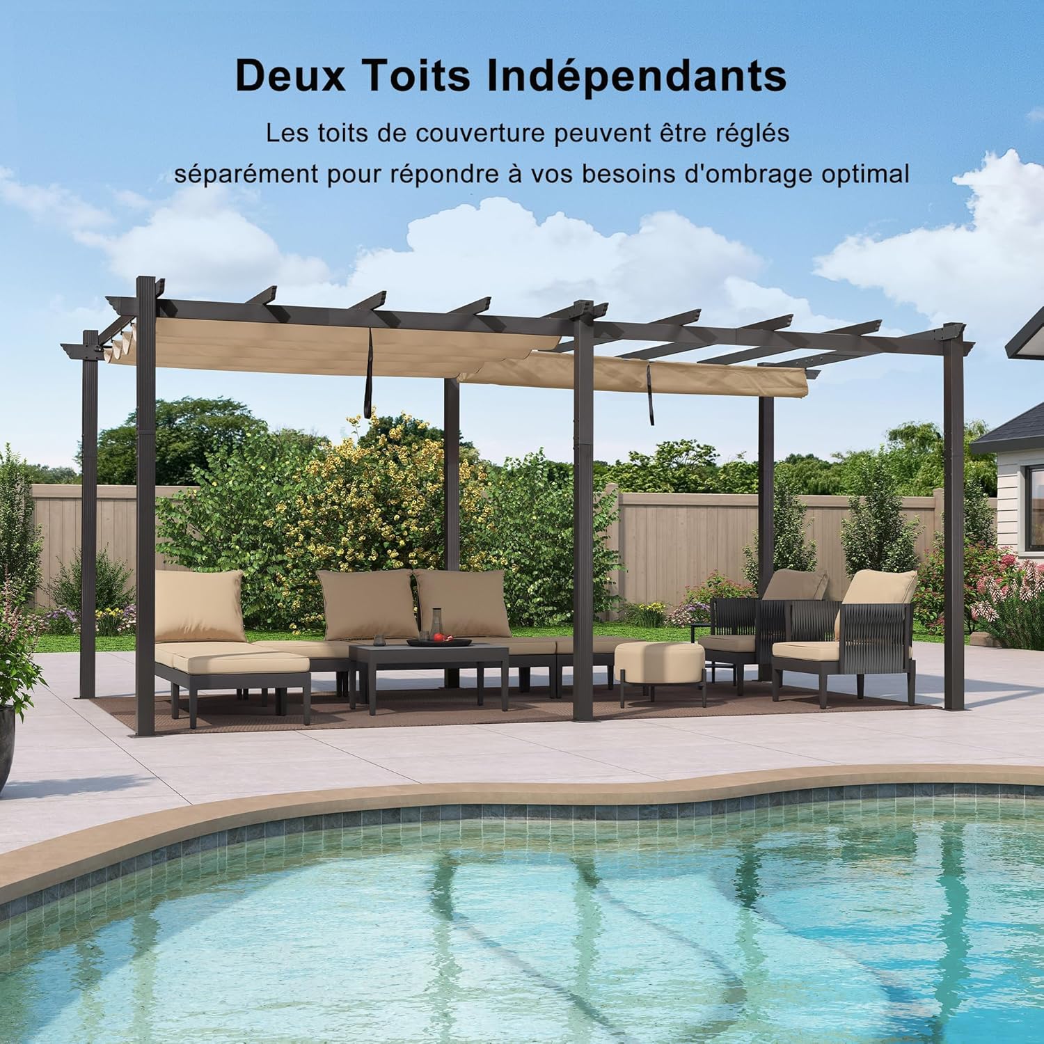 bleujardin - pergola aluminium 5,5x3,5m toit rétractable LED kaki