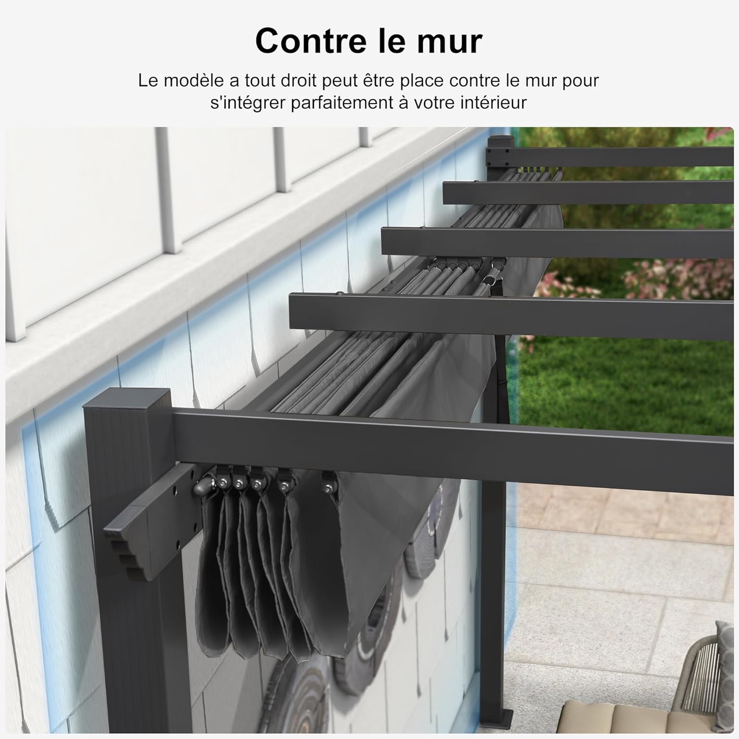 bleujardin - Pergola murale série aluminium 4x2,7m toit coulissant, tissu teint, gris