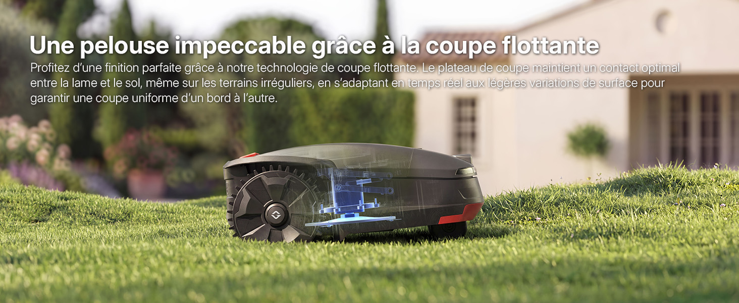Le texte se lit comme suit : « Une pelouse impeccable grâce à la coupe intelligente » et « Une tonte intelligente pour une pelouse parfaite ». Tondeuse à gazon robotique sur gazon près d'une propriété résidentielle avec aménagement paysager.