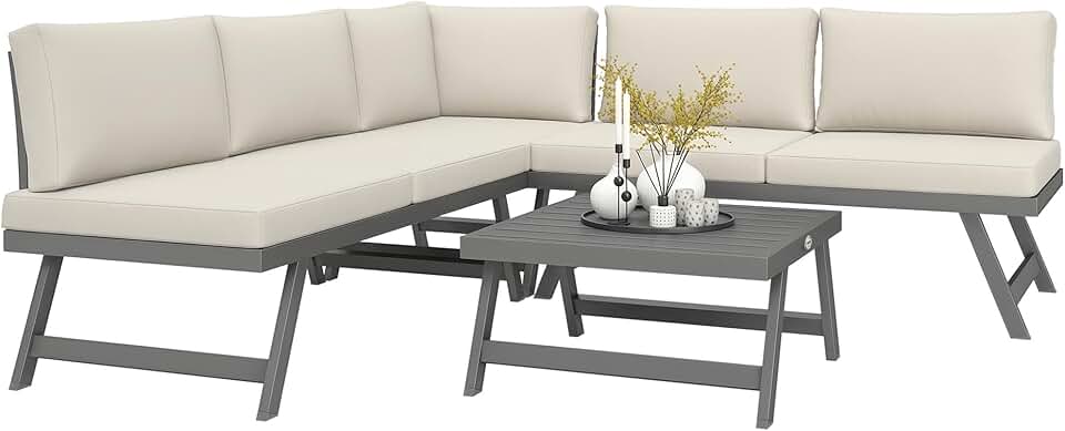 bleujardin - salon de jardin d'angle convertible 4 pcs - alu et acier, coussins, beige