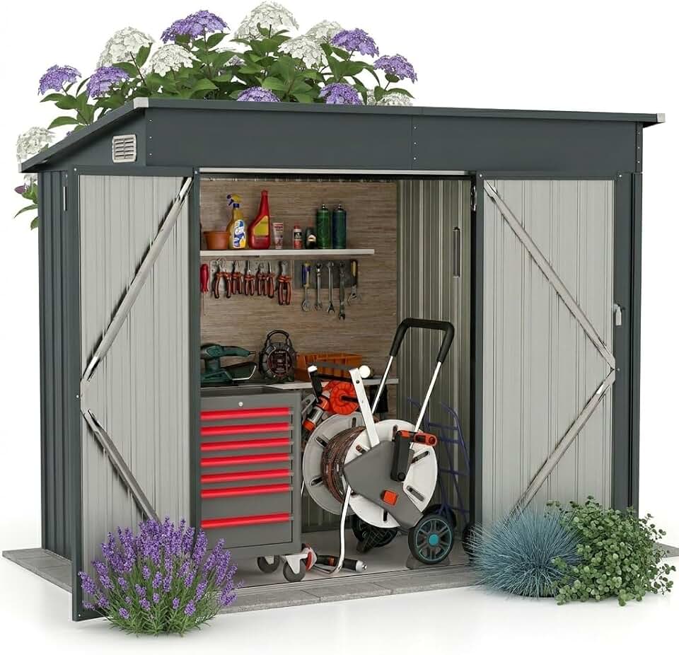 bleujardin - abri de jardin métal - 238x119x187cm - porte, aérations, toit pente, gris