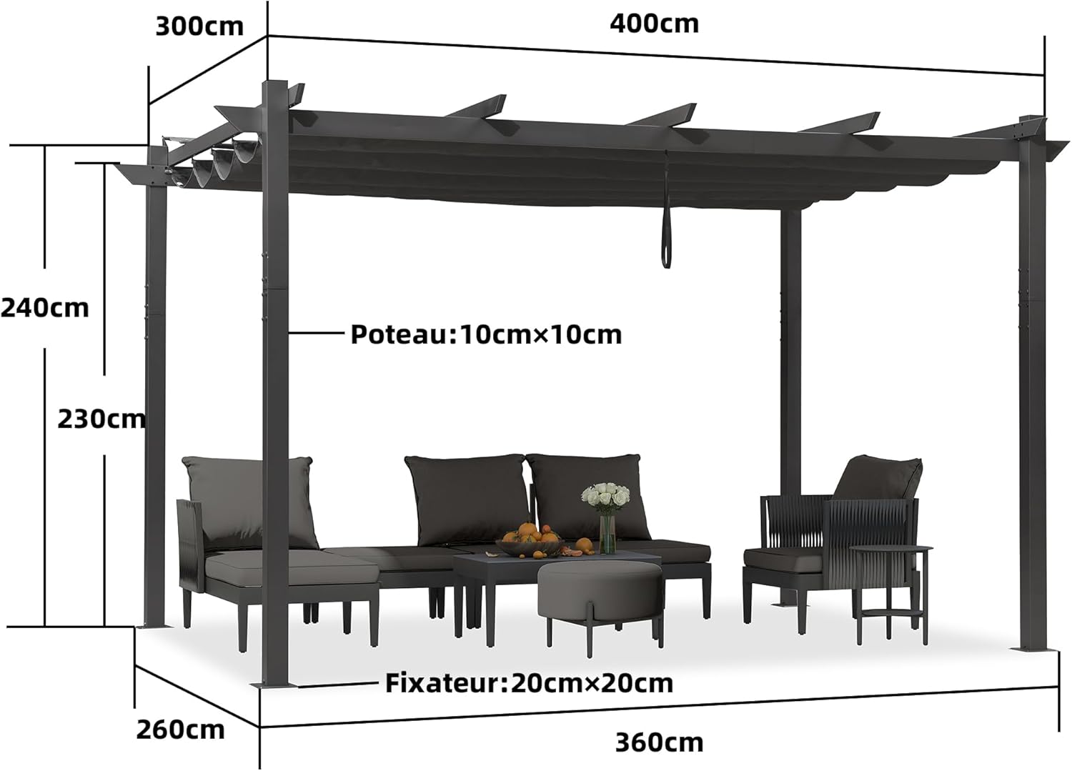 bleujardin – pergola aluminium – 4x3m – toit rétractable, éclairage intégré