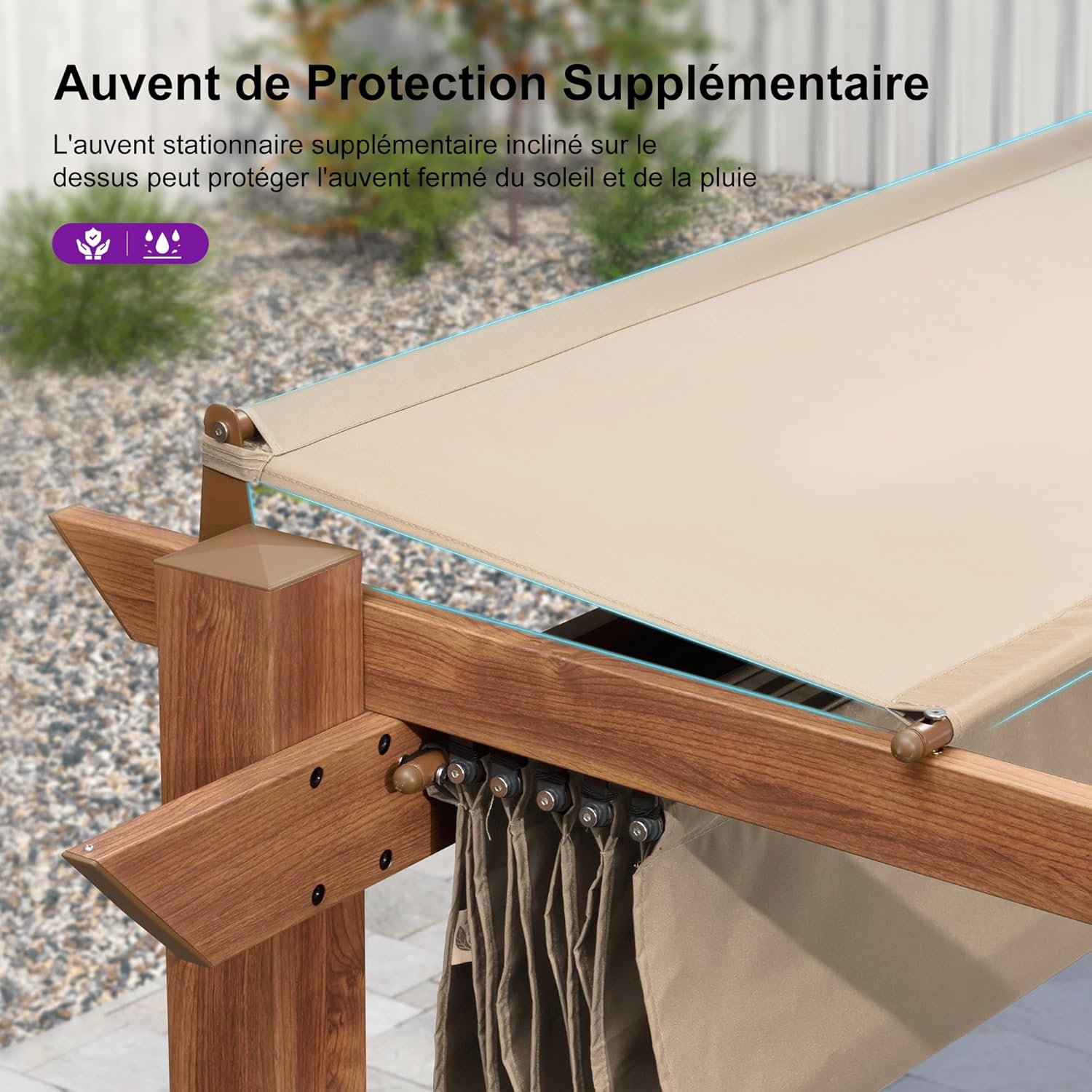 bleujardin - pergola aluminium - 3x3m - teck, toile rétractable, kaki