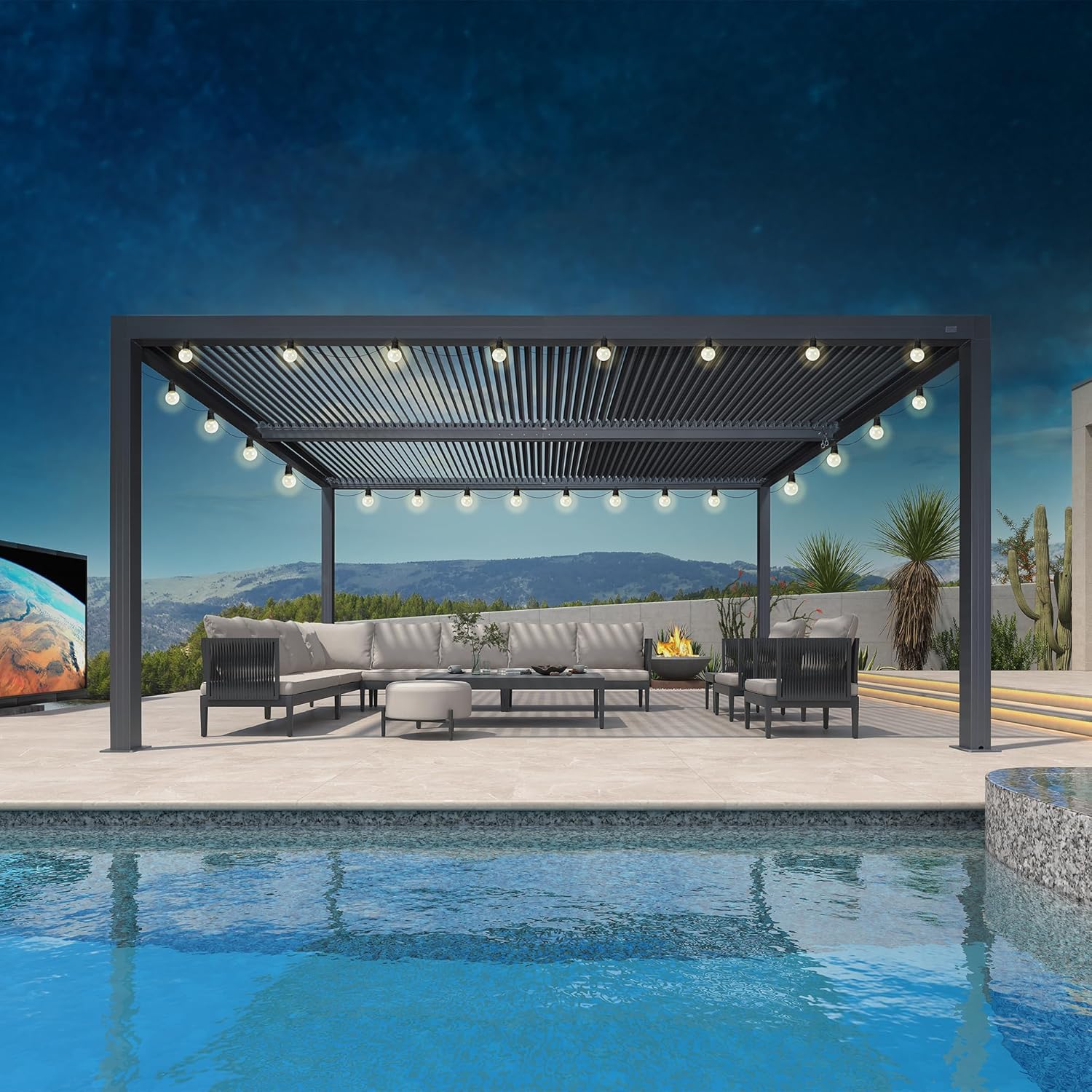 bleujardin - Pergola bioclimatique - 4,8x3m - alu, lames orientables, éclairage, 14,4m²