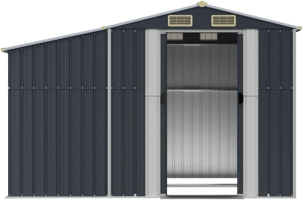 Abri de jardin en acier galvanisé – Soute à outils en métal avec toit incliné pour bûches et charbon – 277 x 192,5 x 179 cm – Solution de rangement extérieure durable en anthracite