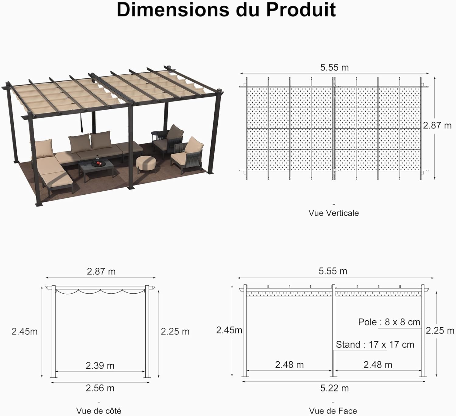 bleujardin - Pergola alu 5,5x3m, toit rétractable LED, kaki