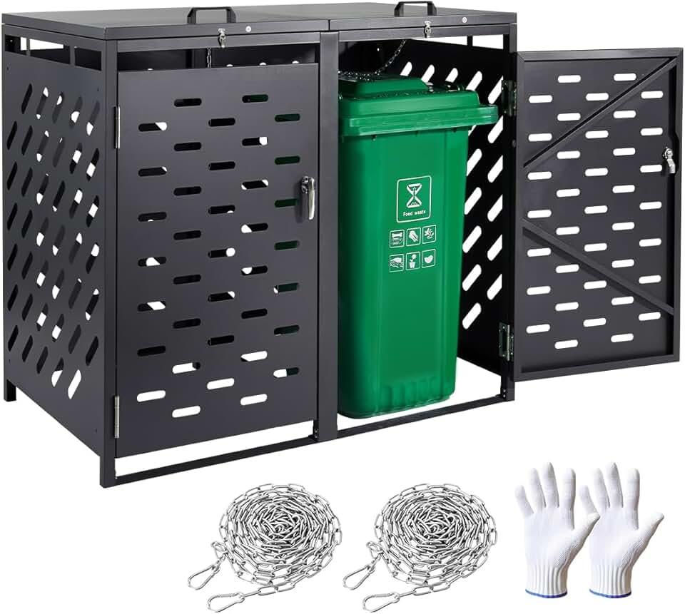 bleujardin Abri pour poubelles, 2 x 240 L, Rangement pour poubelles Horizontal, avec Couvercle à chaîne, boîte de Rangement à poubelles d'extérieur, étanche et verrouillable, pour Jardin, Cour et terrasse