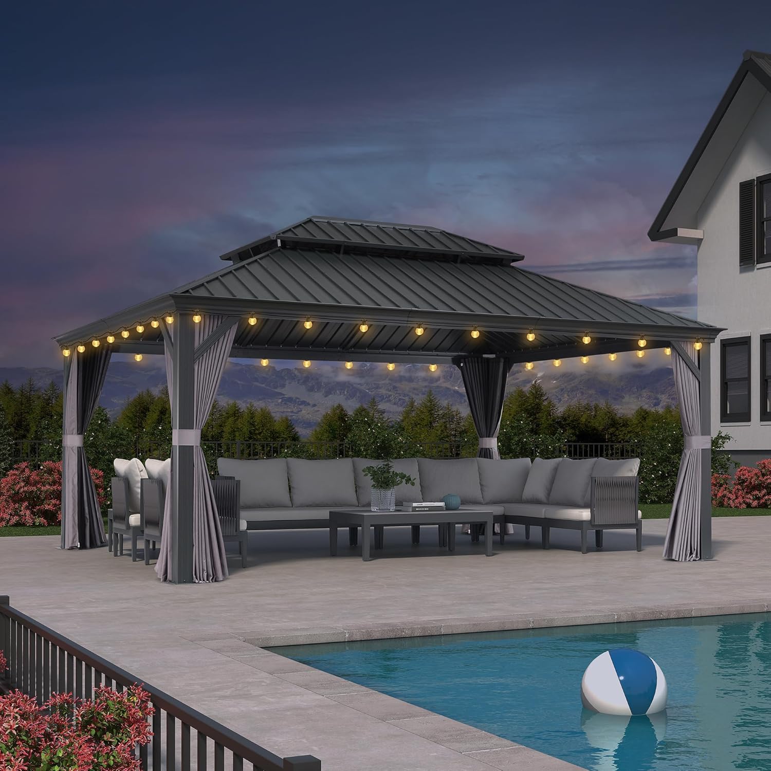 bleujardin - pergola éclairée 5,2x4m, aluminium, rideaux, gouttière, gris