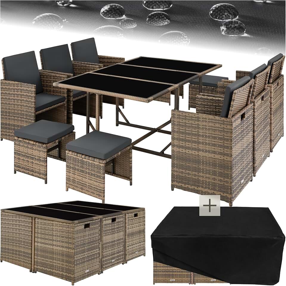 bleujardin - salon de jardin poly rotin 10 pers., housse, entretien facile