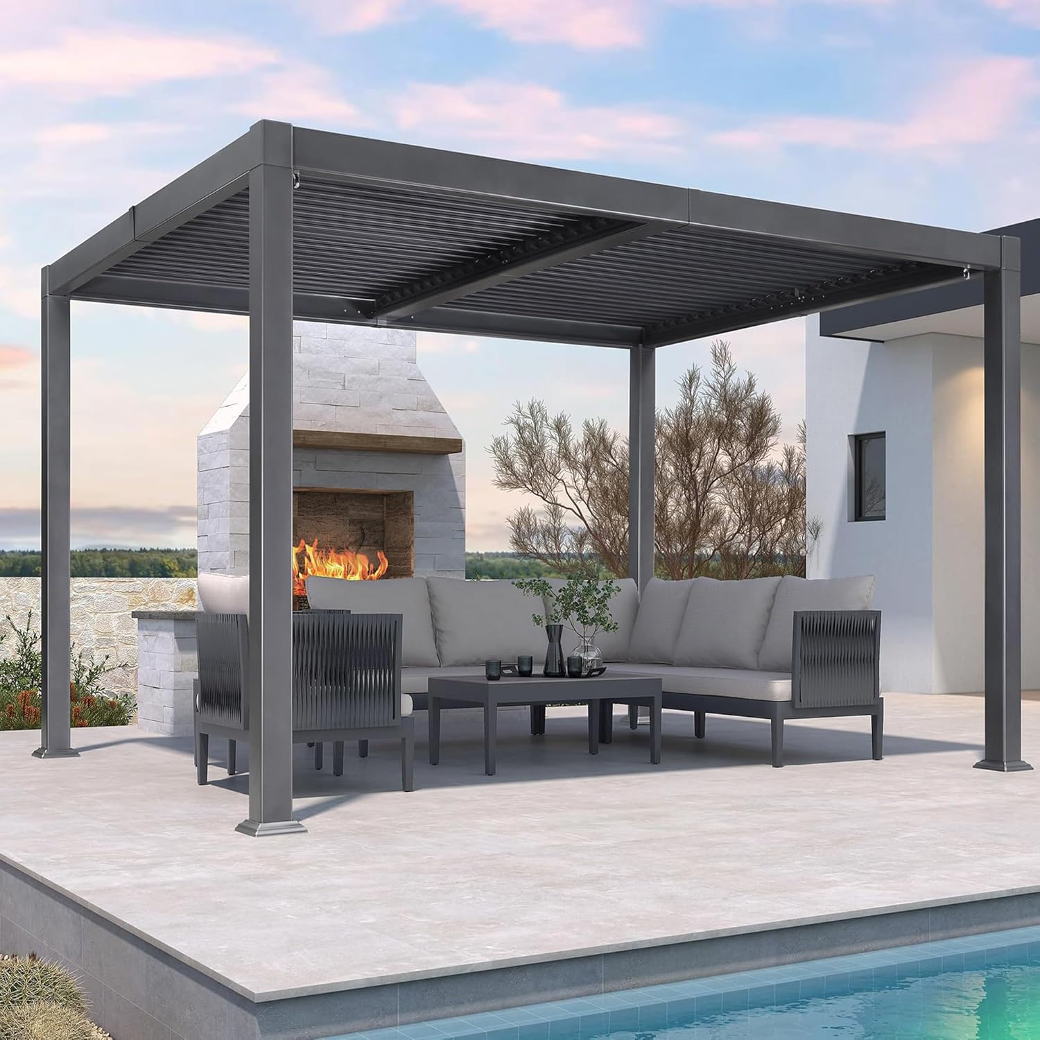 bleujardin - pergola bioclimatique - 3x3,65m - aluminium, lames orientables, gris