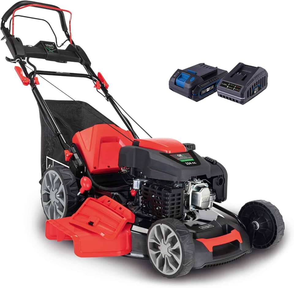 bleujardin Tondeuse à Gazon Hybride MS225-56E – Tondeuse à Essence – Moteur à Essence 4 Temps de 6 CV / 4,4 KW – 224 cm³ – Largeur de Coupe 56 cm – Démarrage électrique – Batterie + Chargeur Inclus