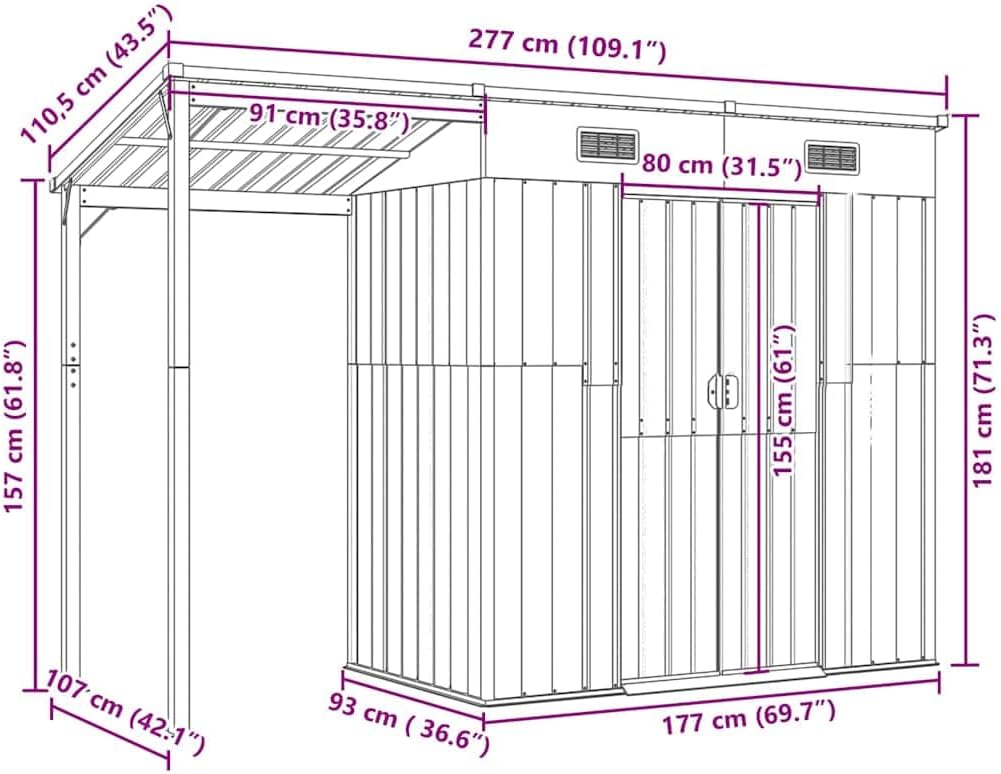 Abri de jardin marron clair - 277x107x181 cm - toit prolongé - 41,56 kg