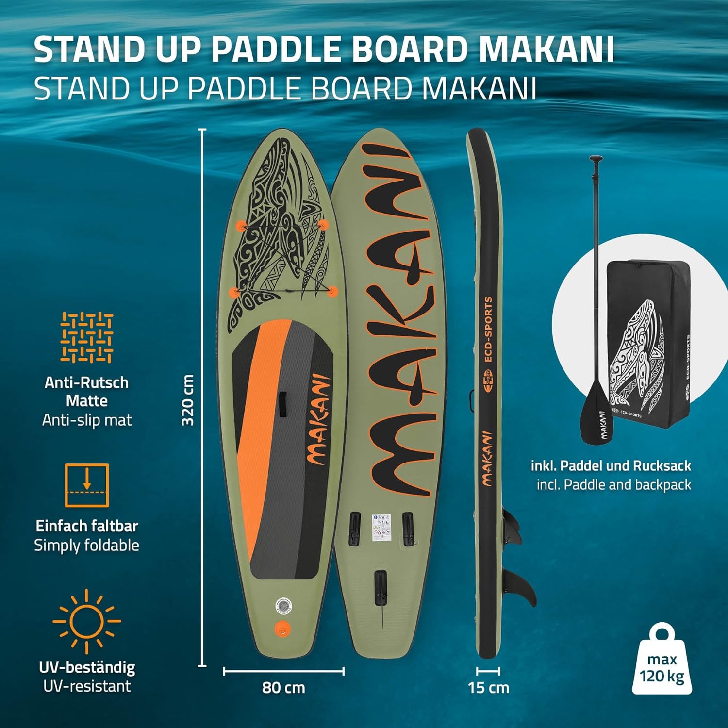bleujardin - Stand Up Paddle Série - 305/308/320/380 cm - PVC, 120/150 kg, épaisseur 10/15 cm, sac, pompe