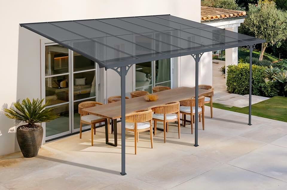 bleujardin - pergola adossée KLEO - 435x300 cm - alu, toit polycarbonate, résistant UV, gris anthracite KLEO