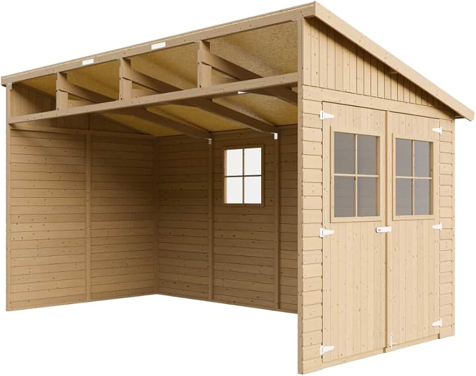 bleujardin M340 Abri de Jardin en Bois Naturel (sans paroi latérale)- Stockage extérieur avec fenêtres- H243x216x416 cm/8 m2, Hangar en Bois Naturel - Atelier Rangement Outils et vélos The Forest Stewardship Council