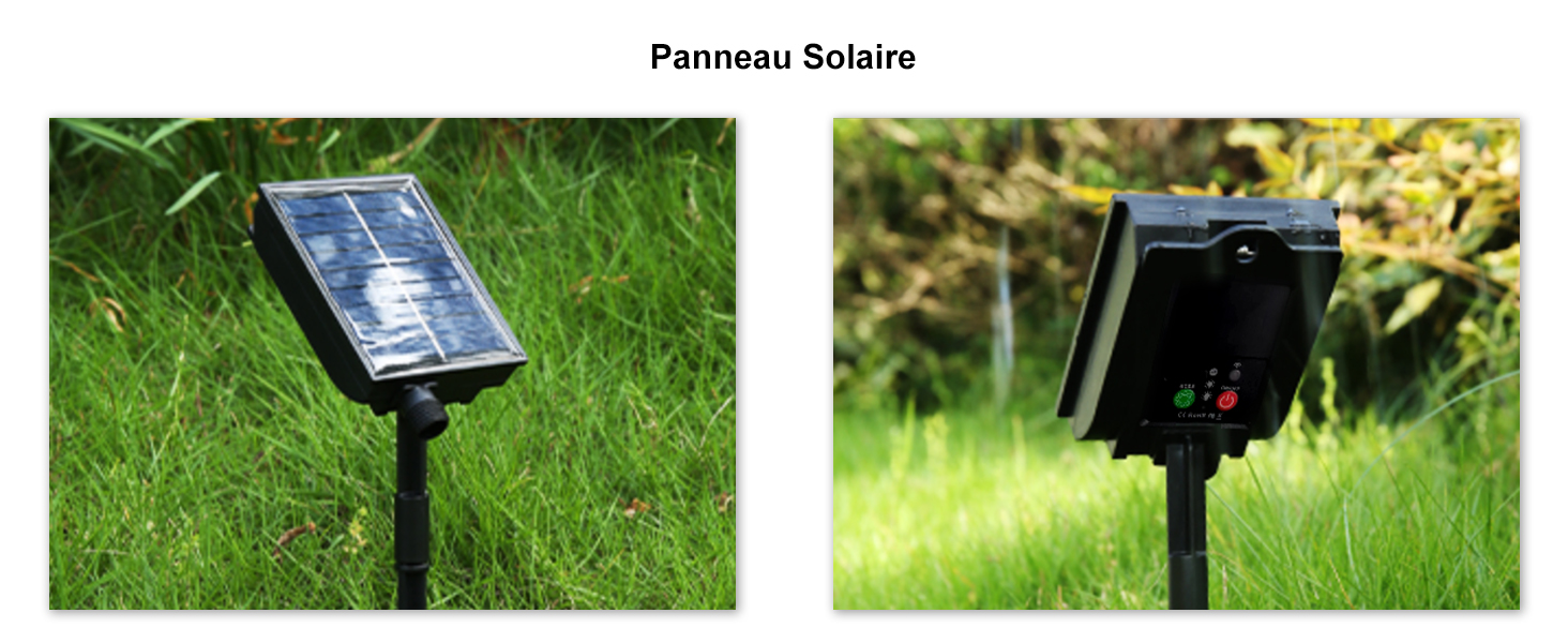 Panneau solaire monté sur un piquet dans l'herbe, représenté sous deux angles. Comprend un cadre de montage noir réglable pour un placement en extérieur.