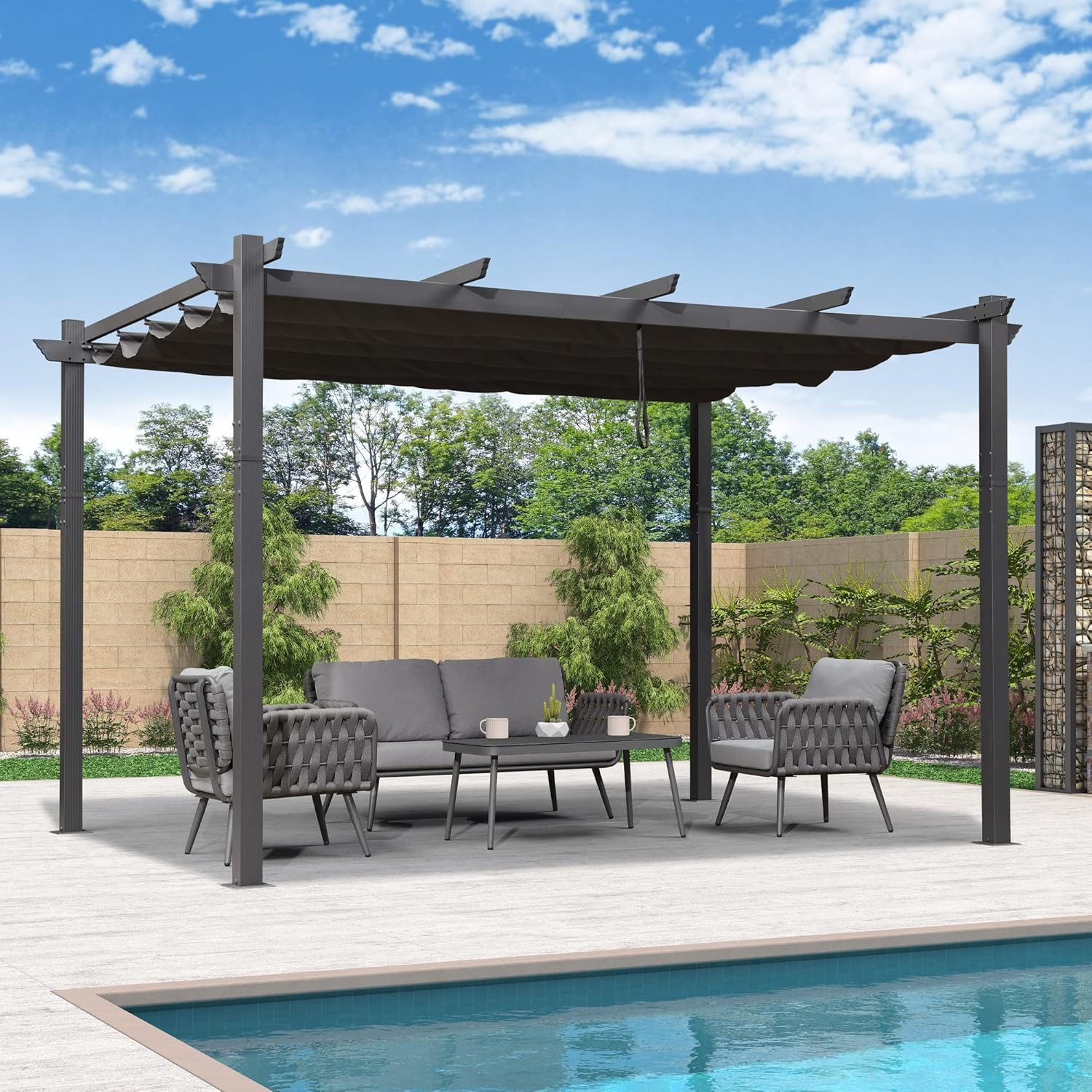 bleujardin - pergola aluminium - 4 x 3,2 m - toit coulissant, tissu teint, gris