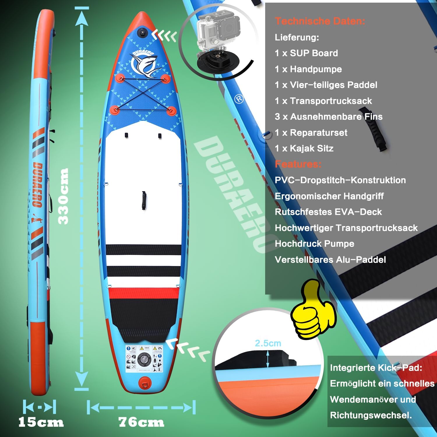 Siège de Kayak Gonflable Stand Up Paddle et Support de caméra, pagaie 2 en 1 330x76x15cm, Pompe jusqu'à 150kg avec Sangle de Pied, Sac à Dos