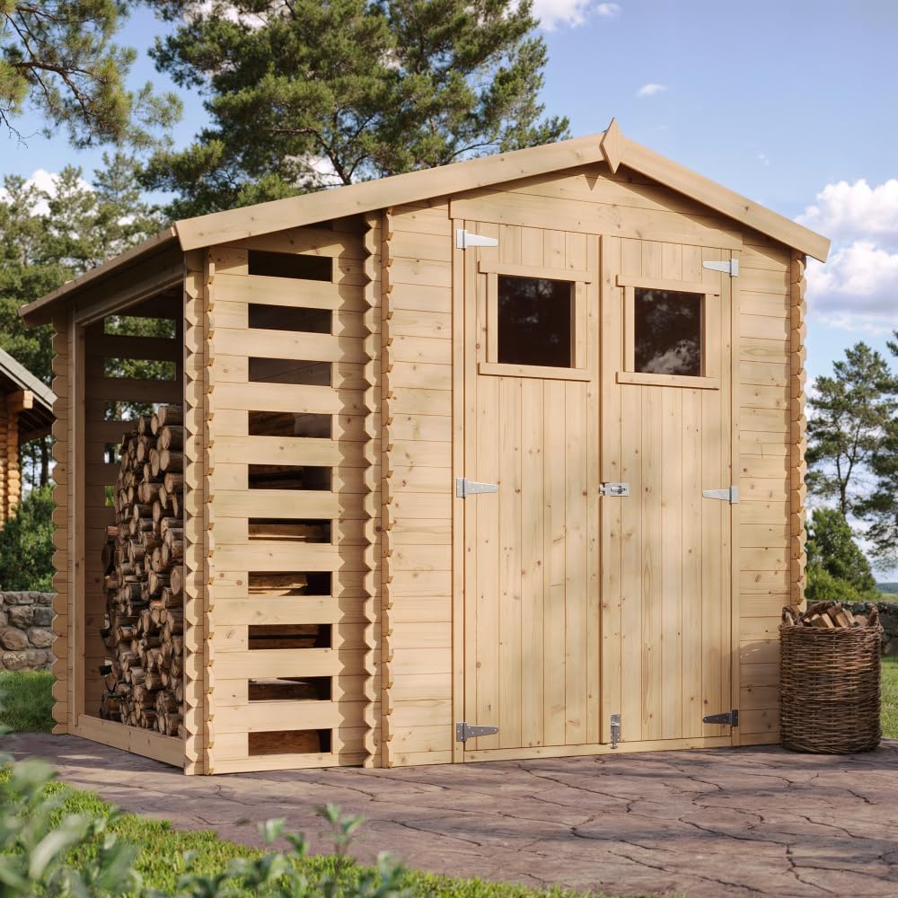 Abri de Jardin en Bois et Range bûches extérieur - Stockage extérieur I206xL272xH218 cm/ 3,53 + 0,97 m2 Petit abri à Outils, Local à vélos - bleujardin M386