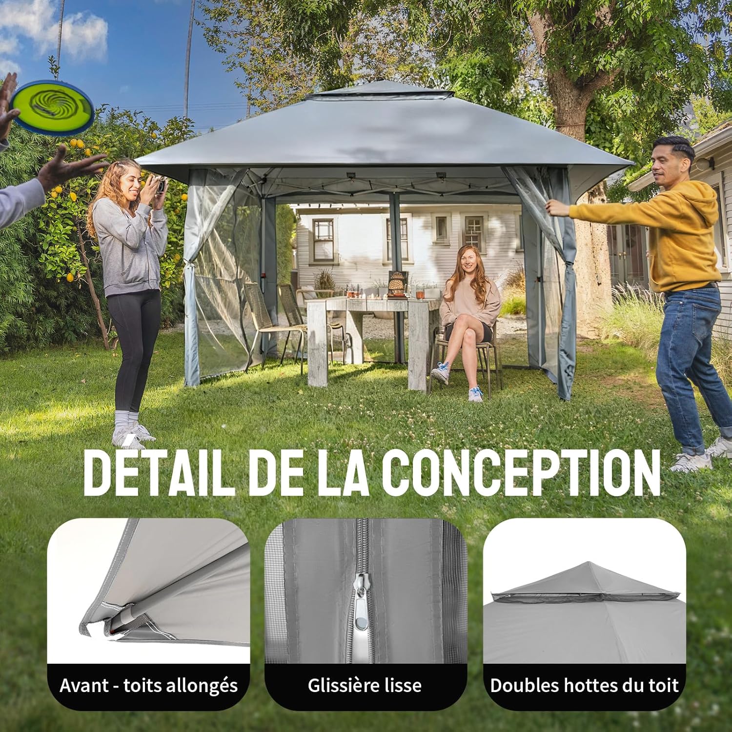 bleujardin - tonnelle jardin pop up - 4x4 m - double toit, côtés maille, hauteur réglable
